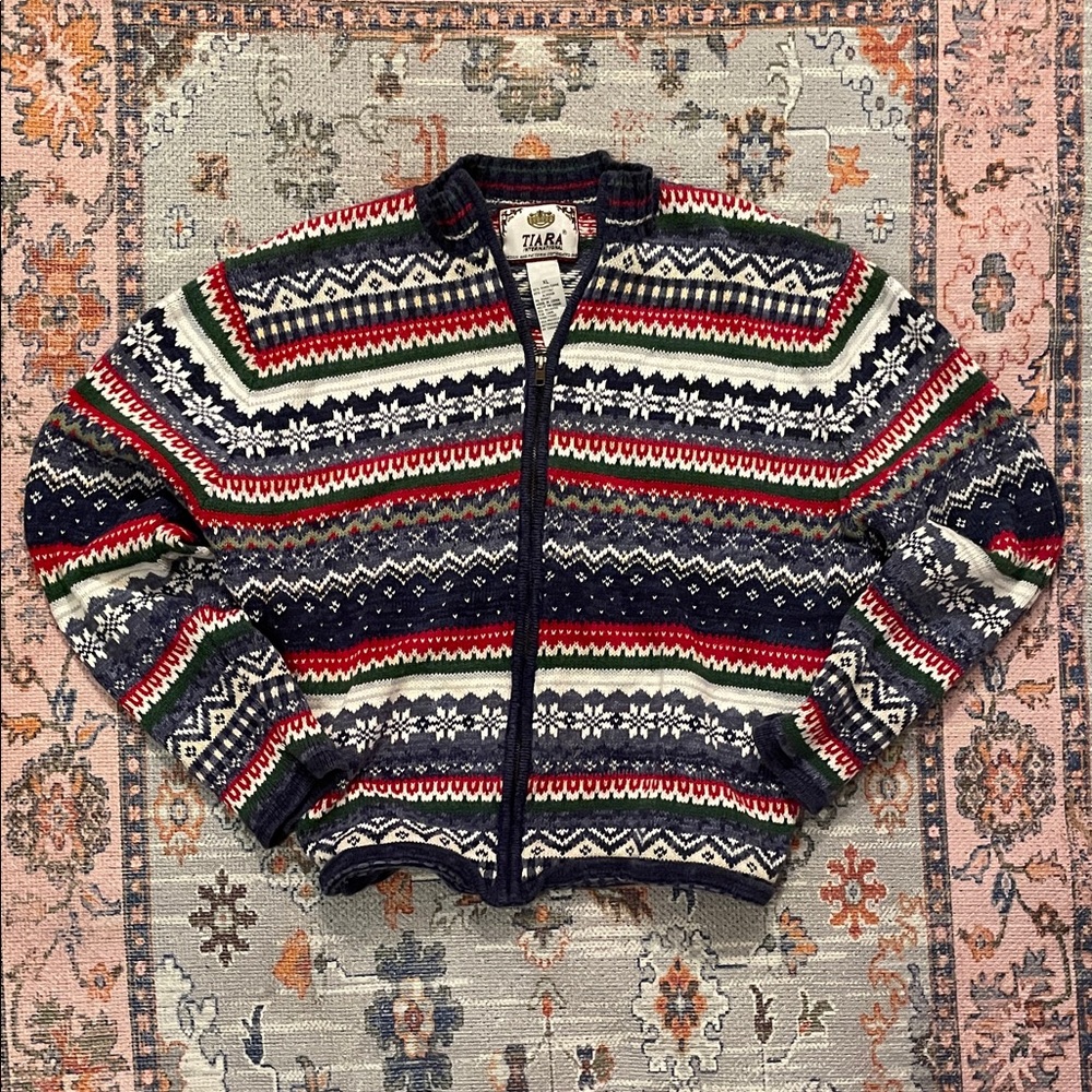 Tiara Festive Red and Green Zip-Up Sweater